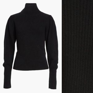 Frame Ribbed Knit Puff Sleeve Mock Turtleneck Sweater Black Noir Small Cashmere